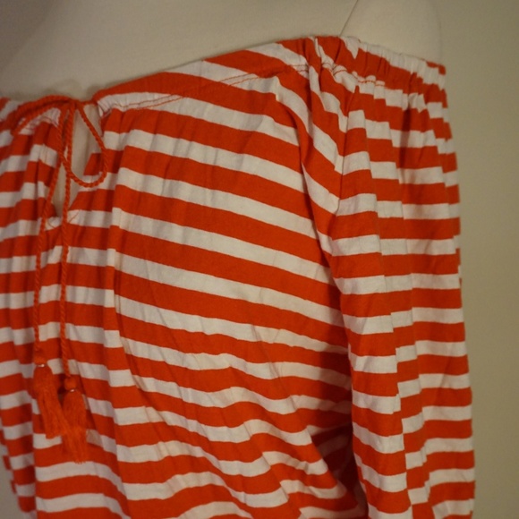 **J. Crew off the shoulder red striped w/ tassle top** - Picture 2 of 4